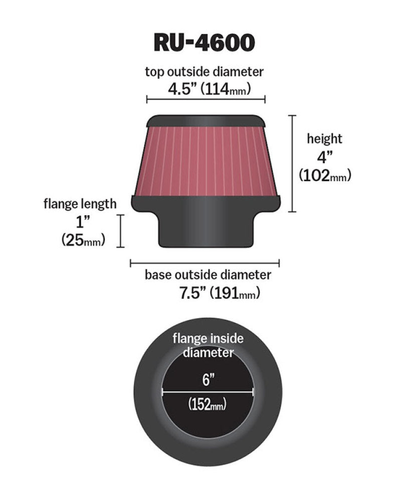 K&N Filter 6 inch Flange 7.5 inch Base 4.5 Top 4 inch Height